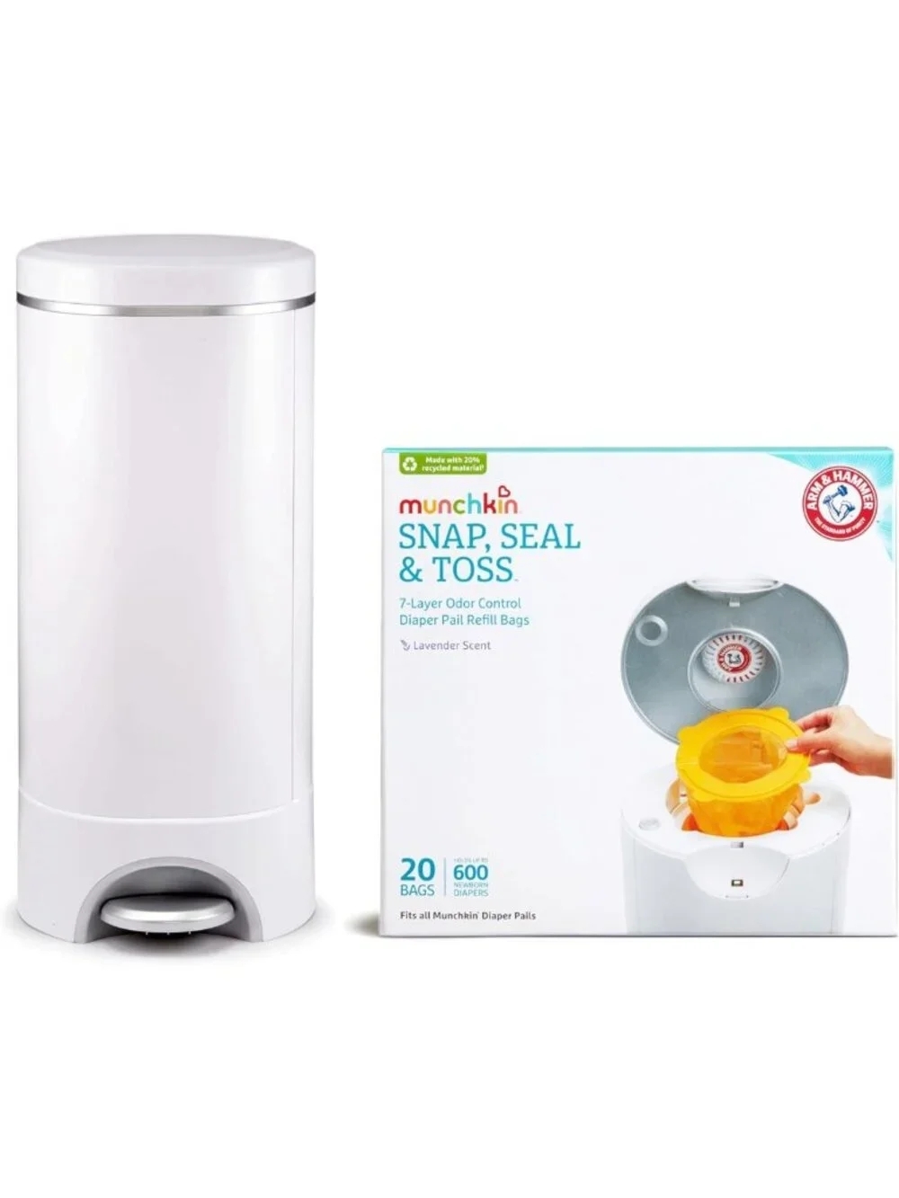 Odor-Control Diaper Pail with Baking Soda, 21 Snap & Toss Bags, Starter Refill